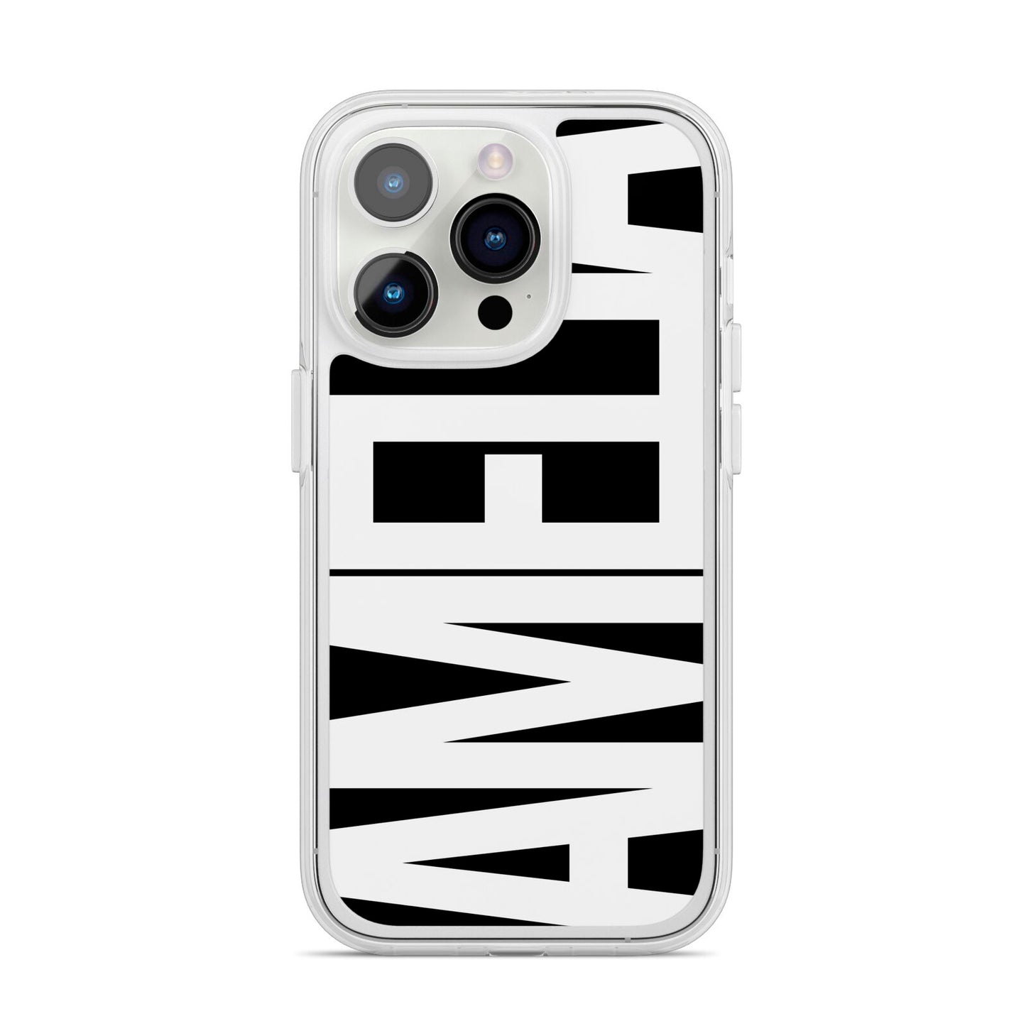 Black with Bold White Name iPhone 14 Pro Clear Tough Case Silver