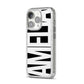 Black with Bold White Name iPhone 14 Pro Glitter Tough Case Silver Angled Image