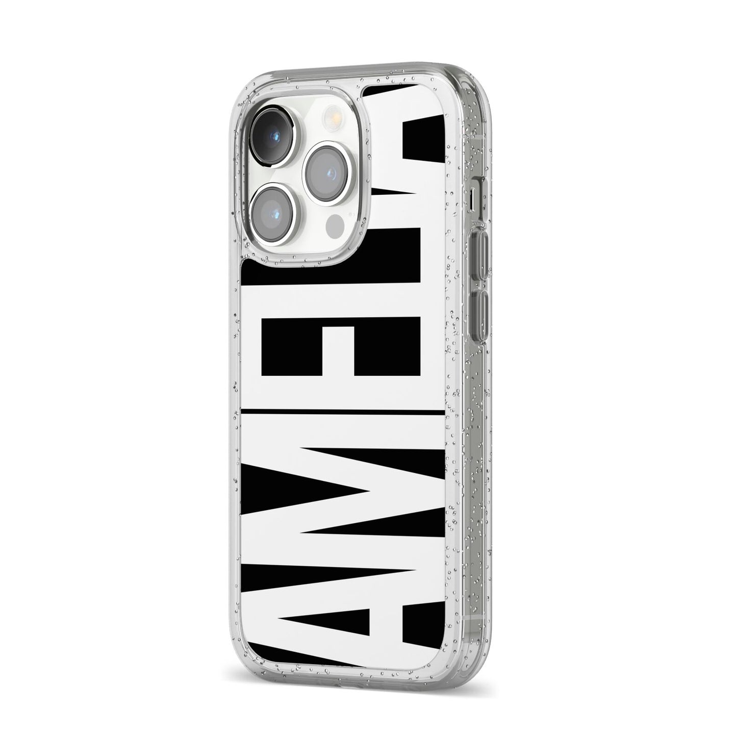Black with Bold White Name iPhone 14 Pro Glitter Tough Case Silver Angled Image