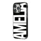 Black with Bold White Name iPhone 14 Pro Max Black Impact Case Side Angle on Silver phone