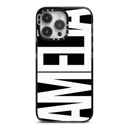 Black with Bold White Name iPhone 14 Pro Max Black Impact Case on Silver phone