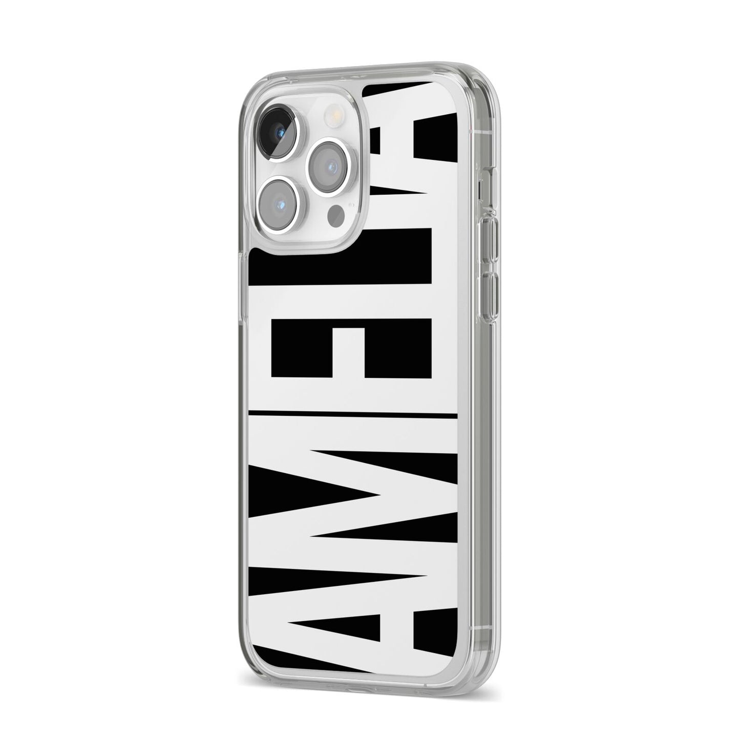 Black with Bold White Name iPhone 14 Pro Max Clear Tough Case Silver Angled Image