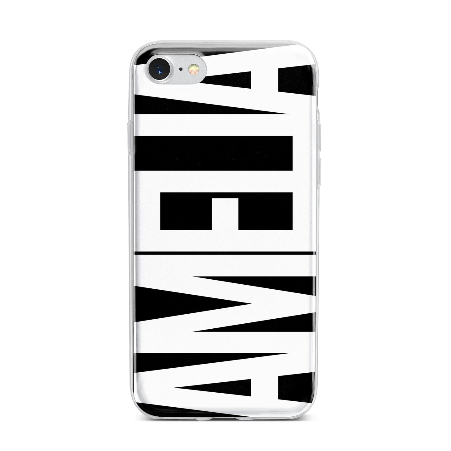 Black with Bold White Name iPhone 7 Bumper Case on Silver iPhone