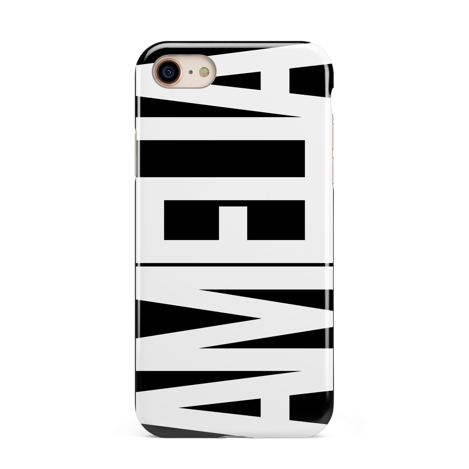 Black with Bold White Name iPhone 8 3D Tough Case on Gold Phone