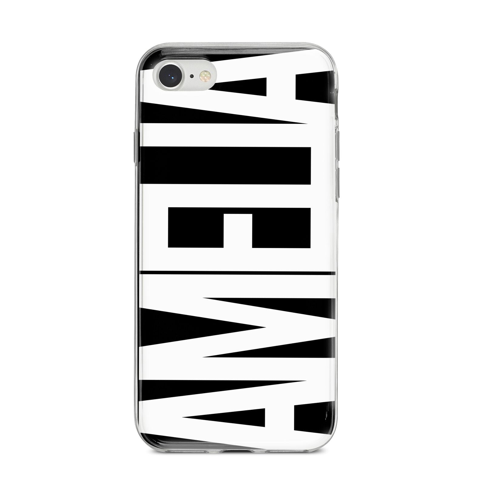 Black with Bold White Name iPhone 8 Bumper Case on Silver iPhone