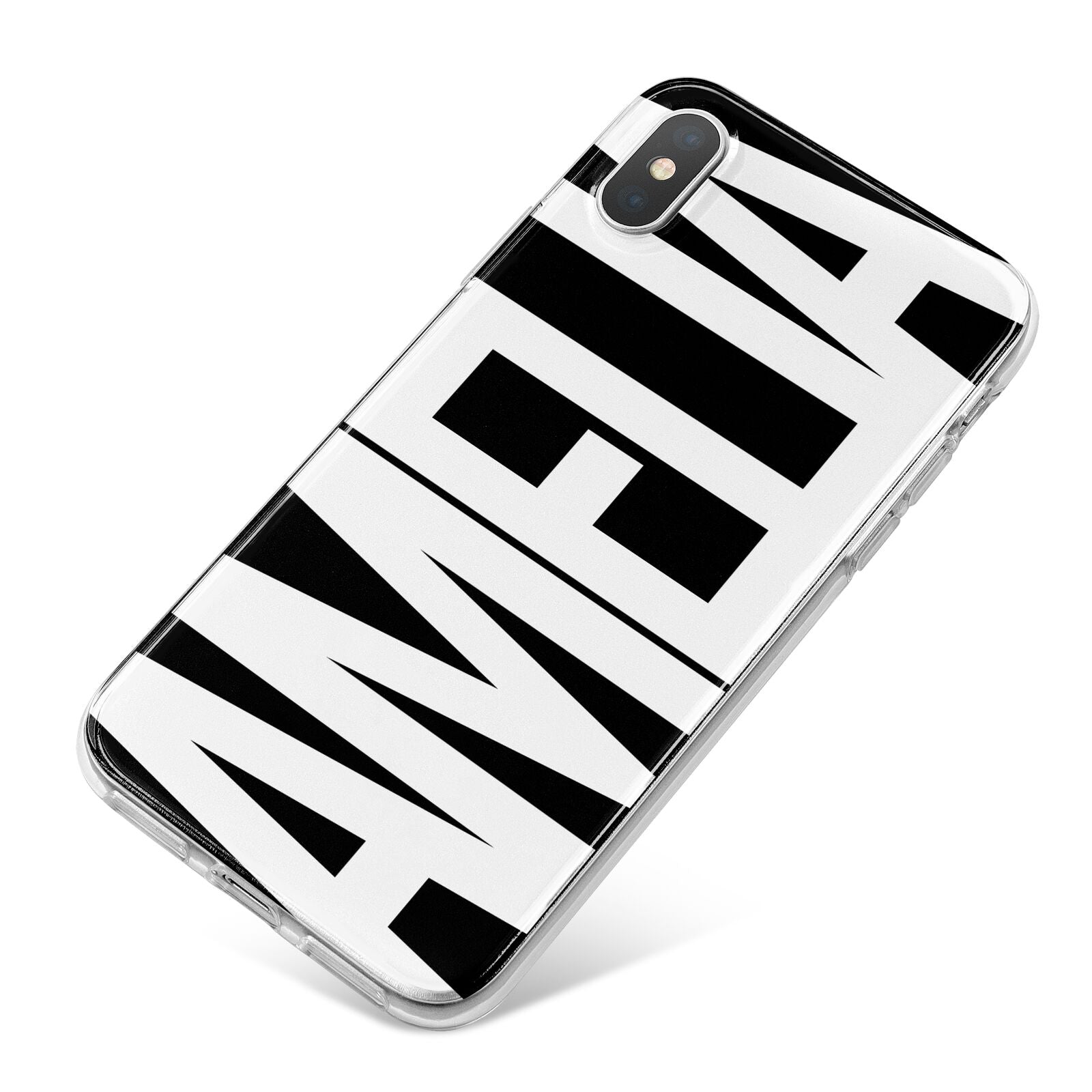 Black with Bold White Name iPhone X Bumper Case on Silver iPhone