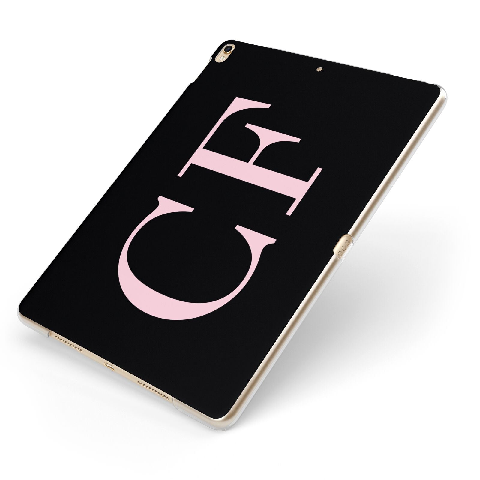 Black with Large Pink Initials Personalised Apple iPad Case on Gold iPad Side View
