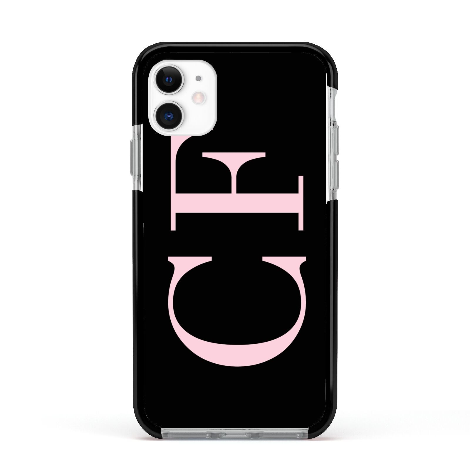 Black with Large Pink Initials Personalised Apple iPhone 11 in White with Black Impact Case