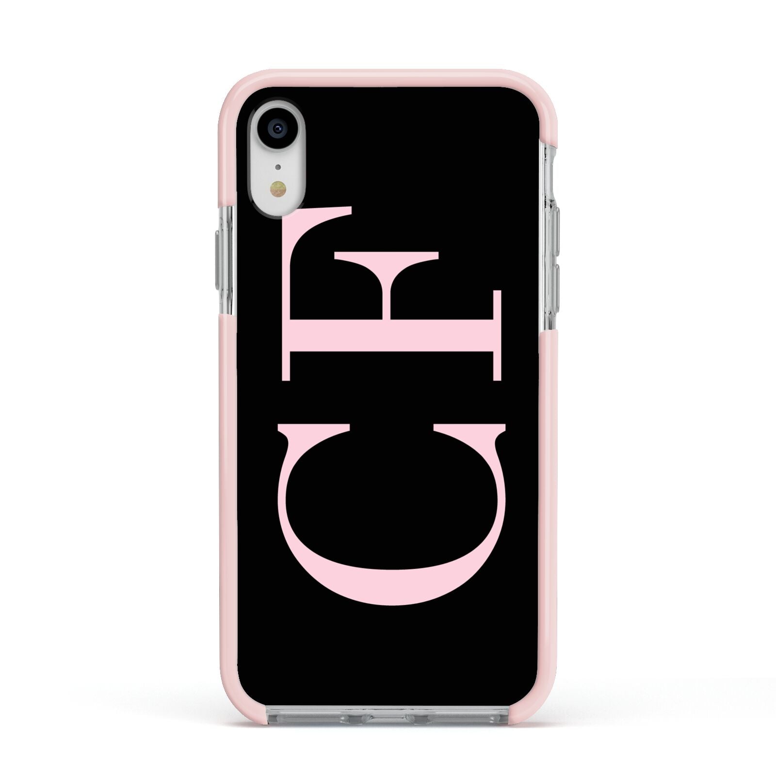 Black with Large Pink Initials Personalised Apple iPhone XR Impact Case Pink Edge on Silver Phone