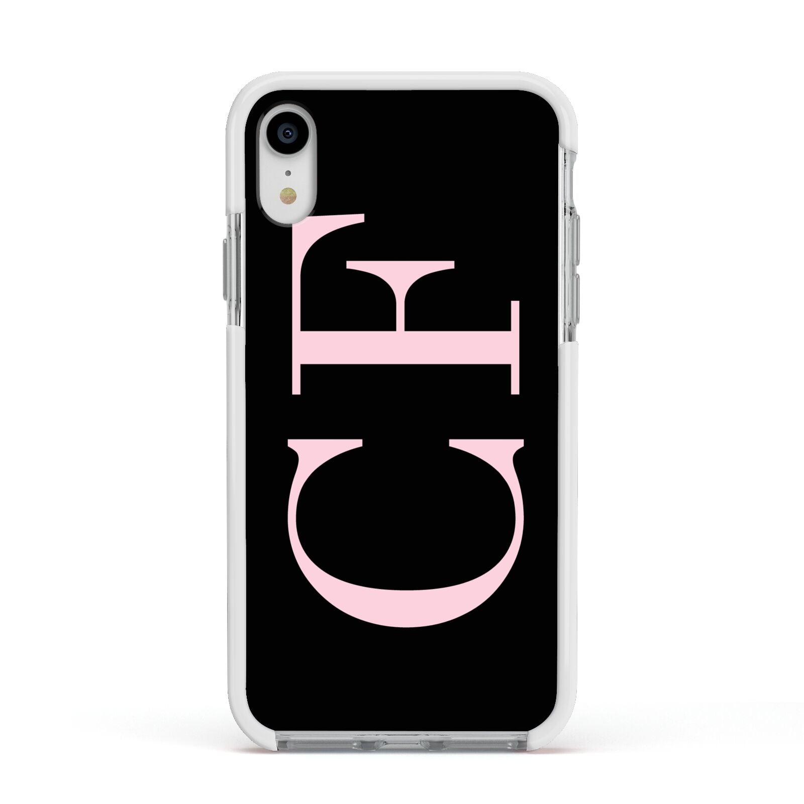 Black with Large Pink Initials Personalised Apple iPhone XR Impact Case White Edge on Silver Phone