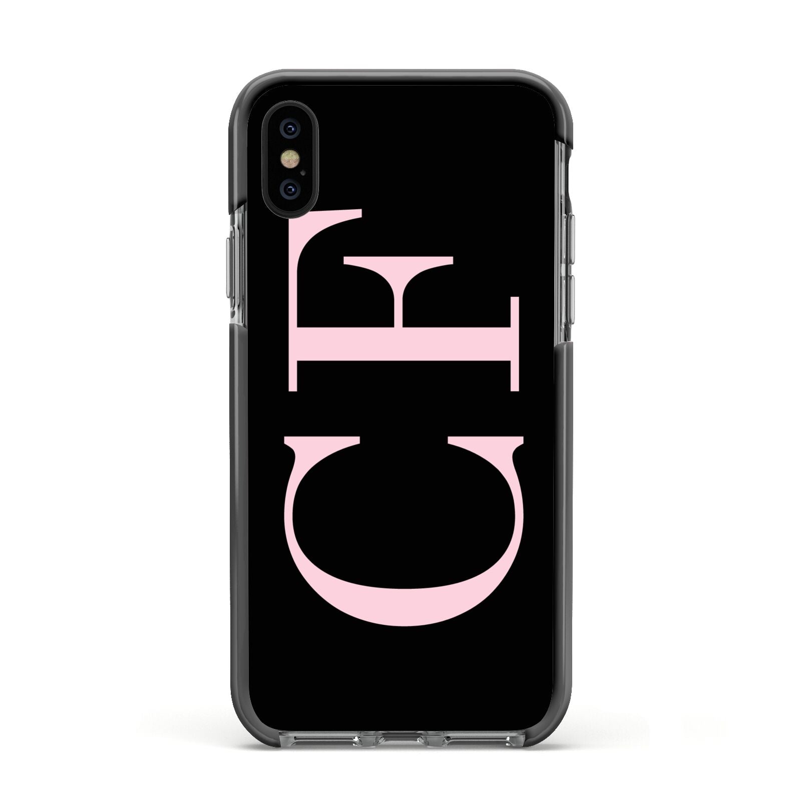Black with Large Pink Initials Personalised Apple iPhone Xs Impact Case Black Edge on Black Phone