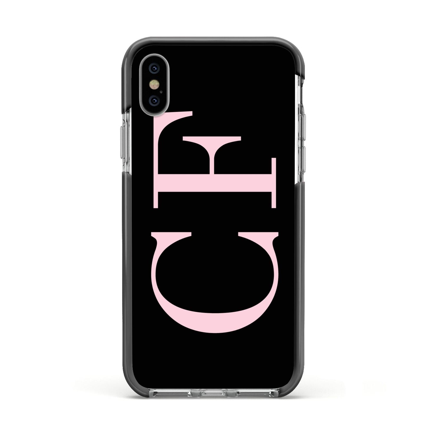 Black with Large Pink Initials Personalised Apple iPhone Xs Impact Case Black Edge on Silver Phone