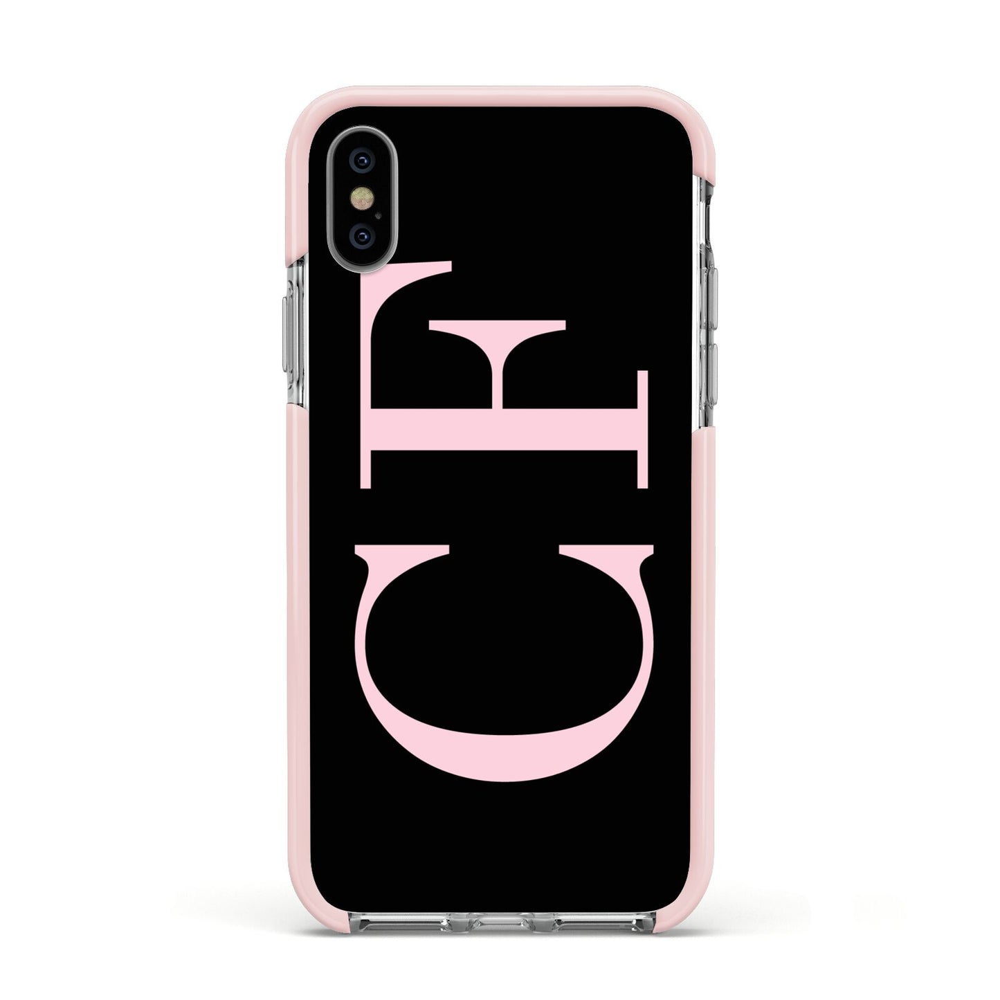Black with Large Pink Initials Personalised Apple iPhone Xs Impact Case Pink Edge on Silver Phone