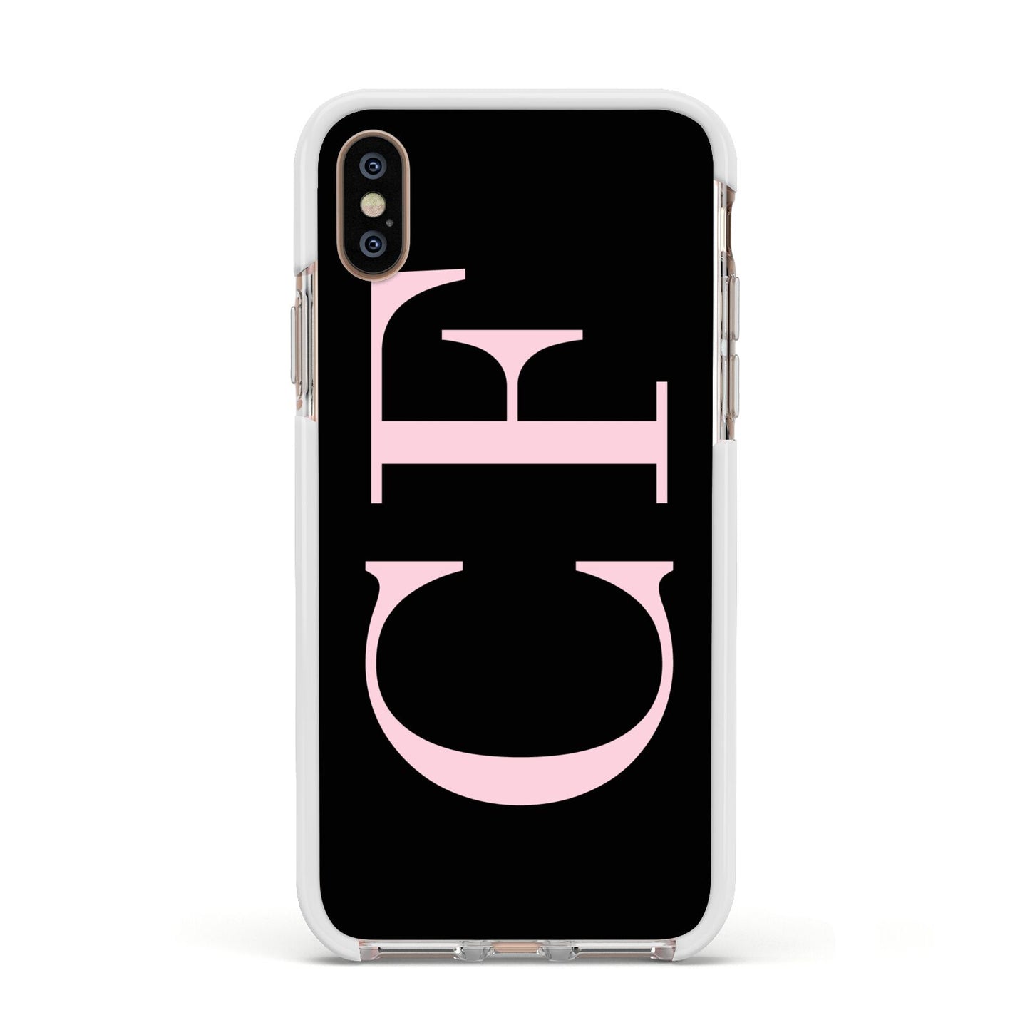 Black with Large Pink Initials Personalised Apple iPhone Xs Impact Case White Edge on Gold Phone