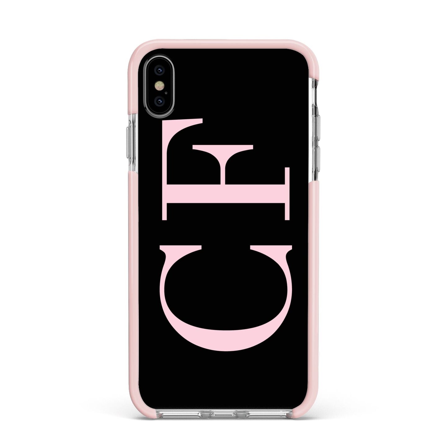 Black with Large Pink Initials Personalised Apple iPhone Xs Max Impact Case Pink Edge on Silver Phone