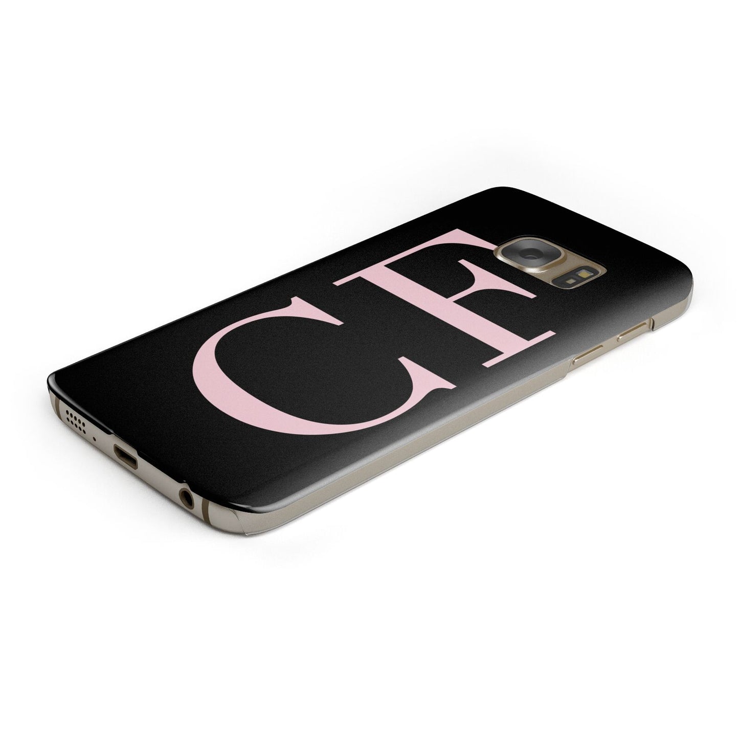 Black with Large Pink Initials Personalised Protective Samsung Galaxy Case Angled Image