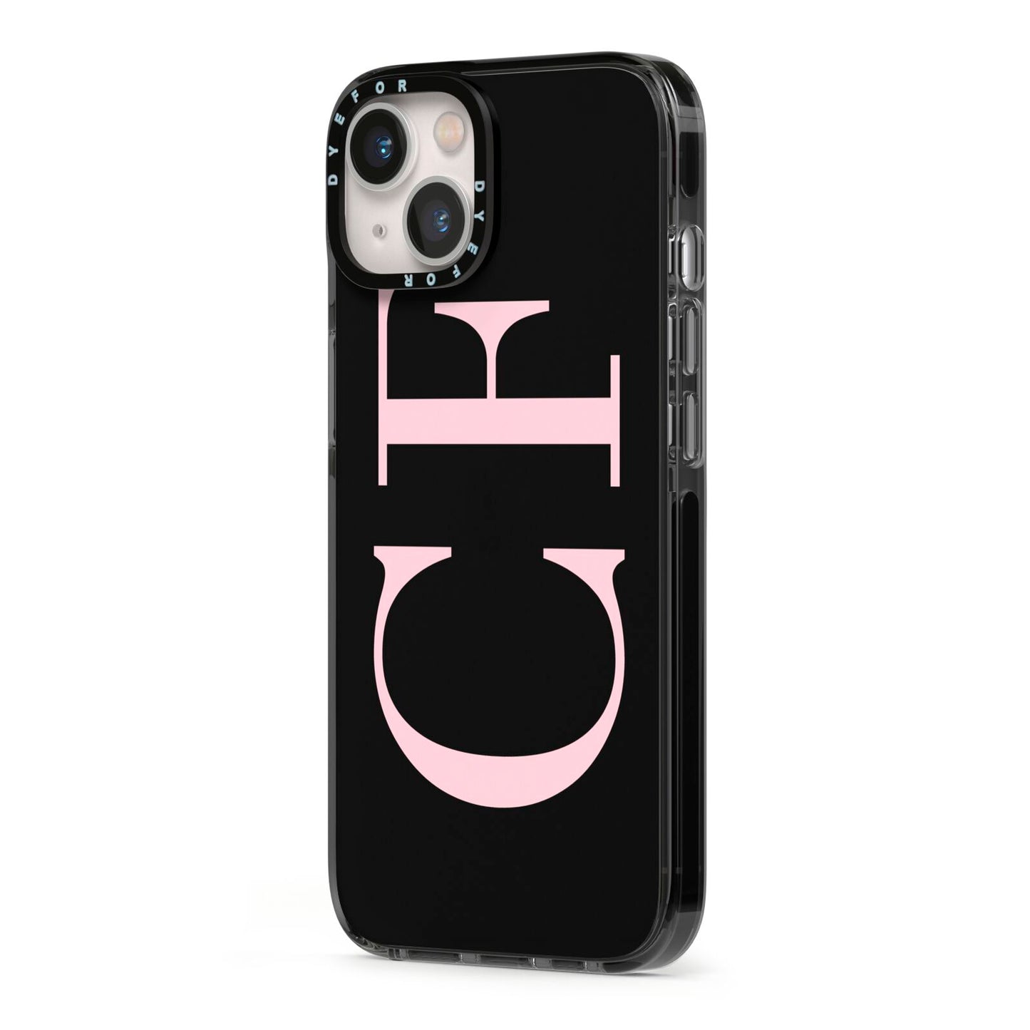 Black with Large Pink Initials Personalised iPhone 13 Black Impact Case Side Angle on Silver phone