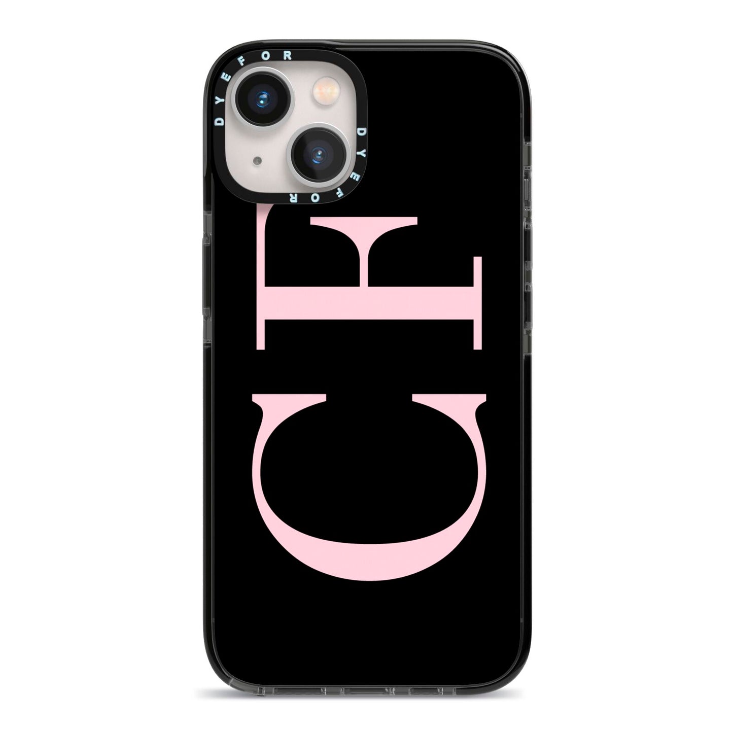 Black with Large Pink Initials Personalised iPhone 13 Black Impact Case on Silver phone