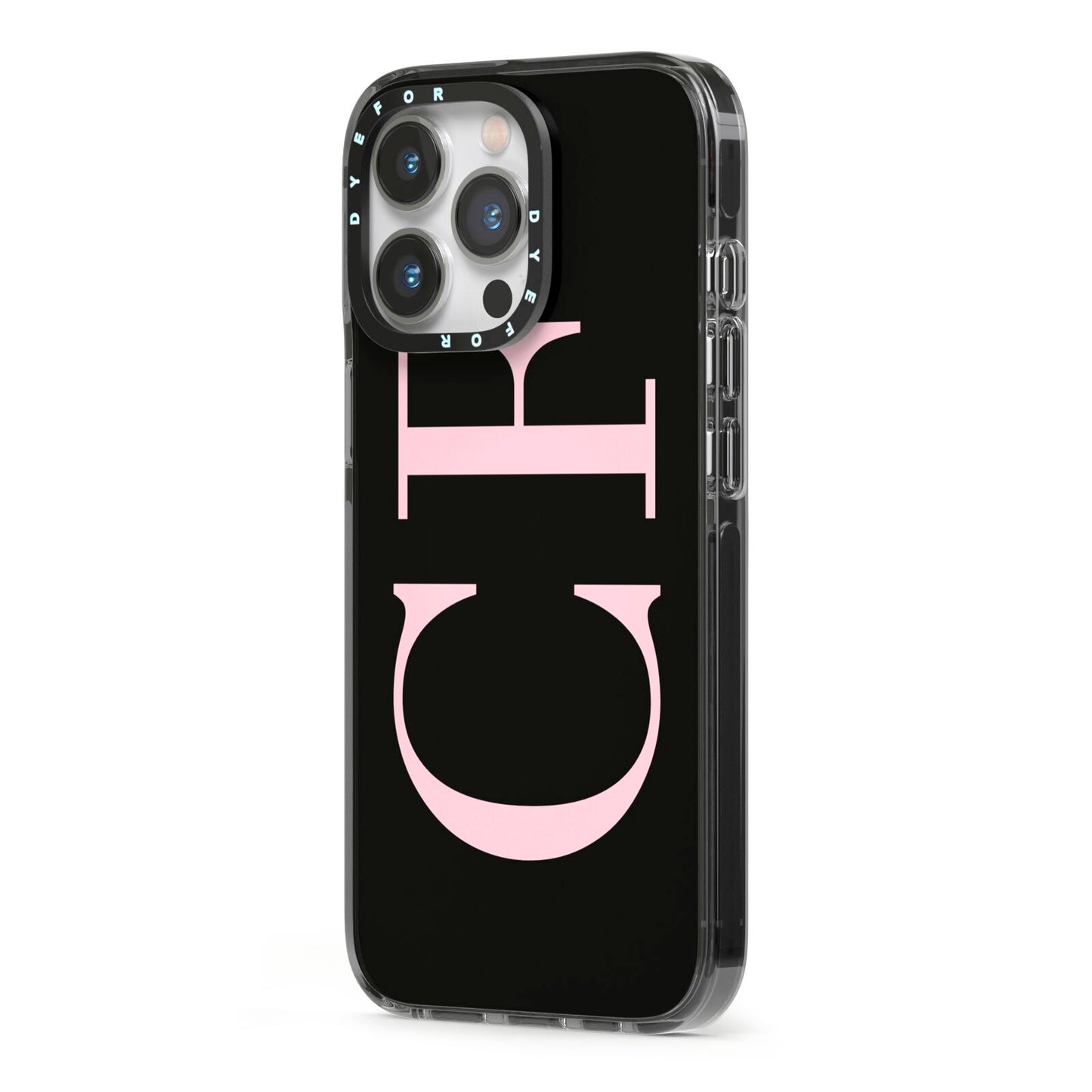 Black with Large Pink Initials Personalised iPhone 13 Pro Black Impact Case Side Angle on Silver phone
