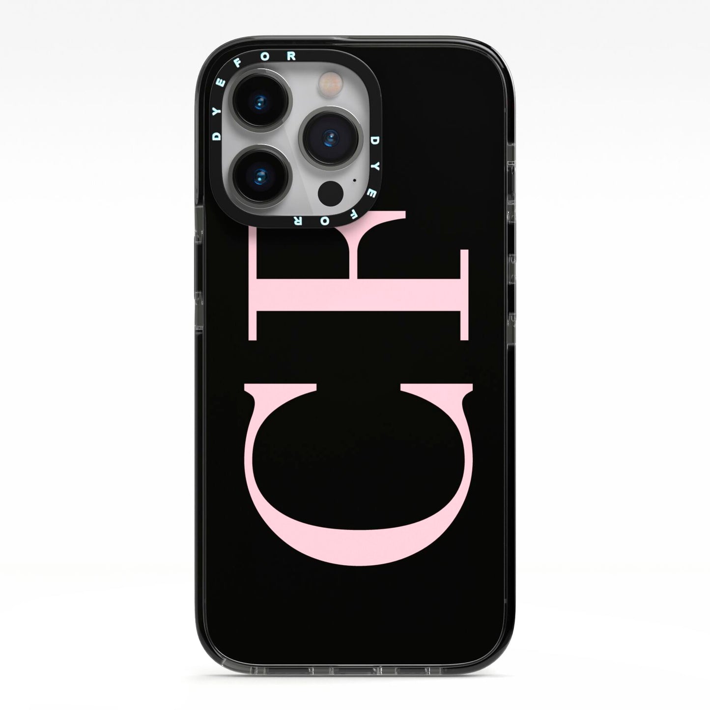 Black with Large Pink Initials Personalised iPhone 13 Pro Black Impact Case on Silver phone