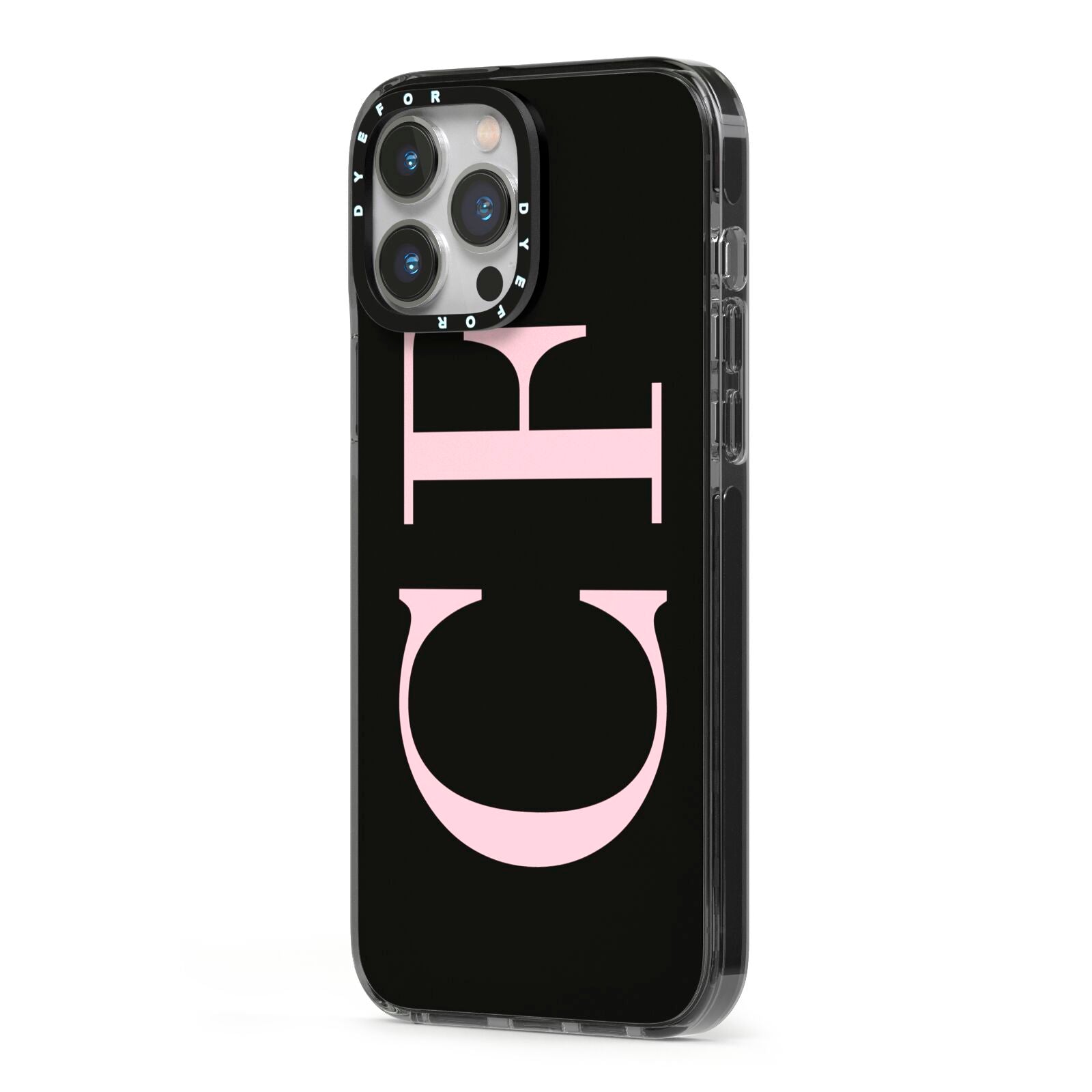Black with Large Pink Initials Personalised iPhone 13 Pro Max Black Impact Case Side Angle on Silver phone