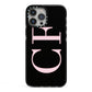 Black with Large Pink Initials Personalised iPhone 13 Pro Max Black Impact Case on Silver phone