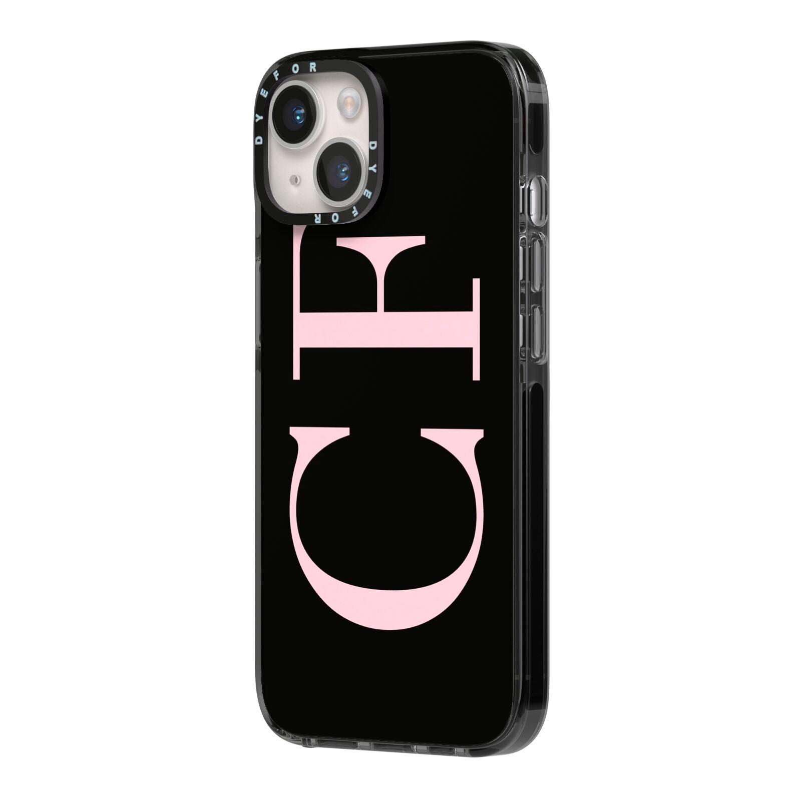 Black with Large Pink Initials Personalised iPhone 14 Black Impact Case Side Angle on Silver phone