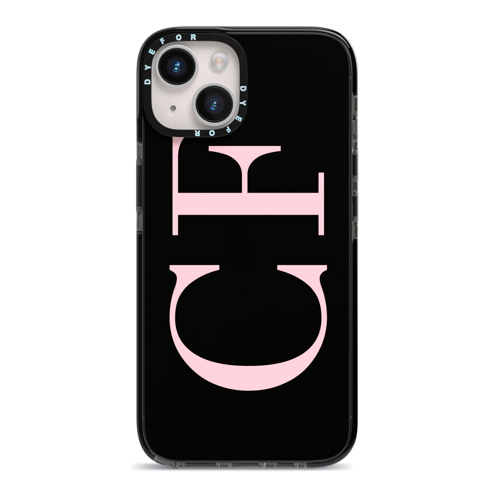 Black with Large Pink Initials Personalised iPhone 14 Black Impact Case on Silver phone
