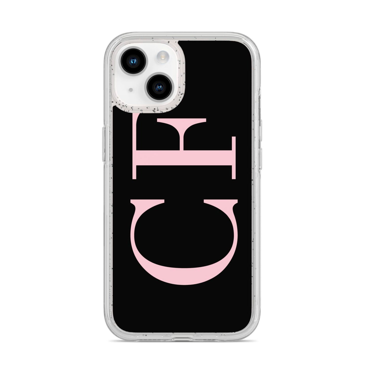 Black with Large Pink Initials Personalised iPhone 14 Glitter Tough Case Starlight