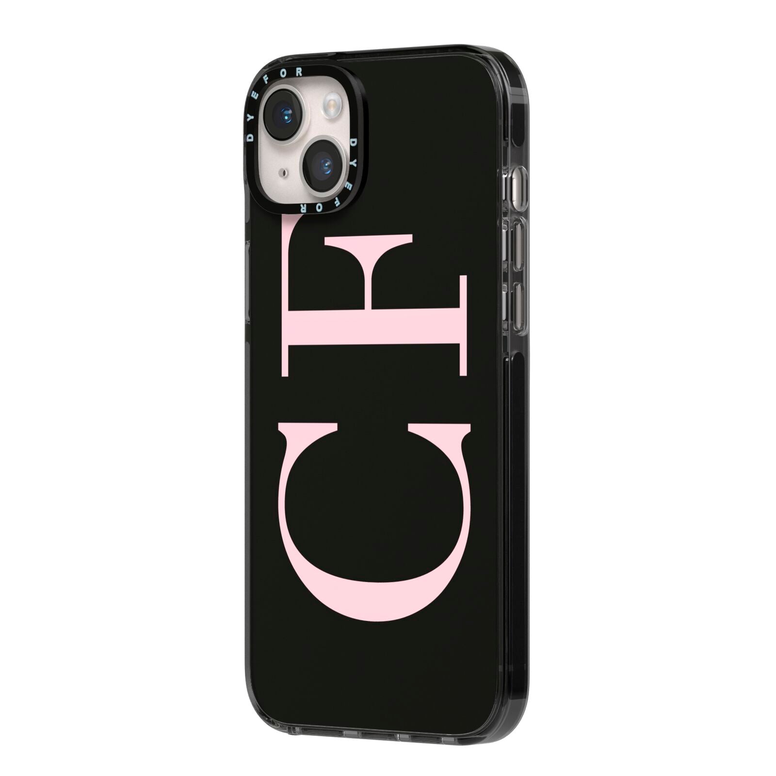 Black with Large Pink Initials Personalised iPhone 14 Plus Black Impact Case Side Angle on Silver phone
