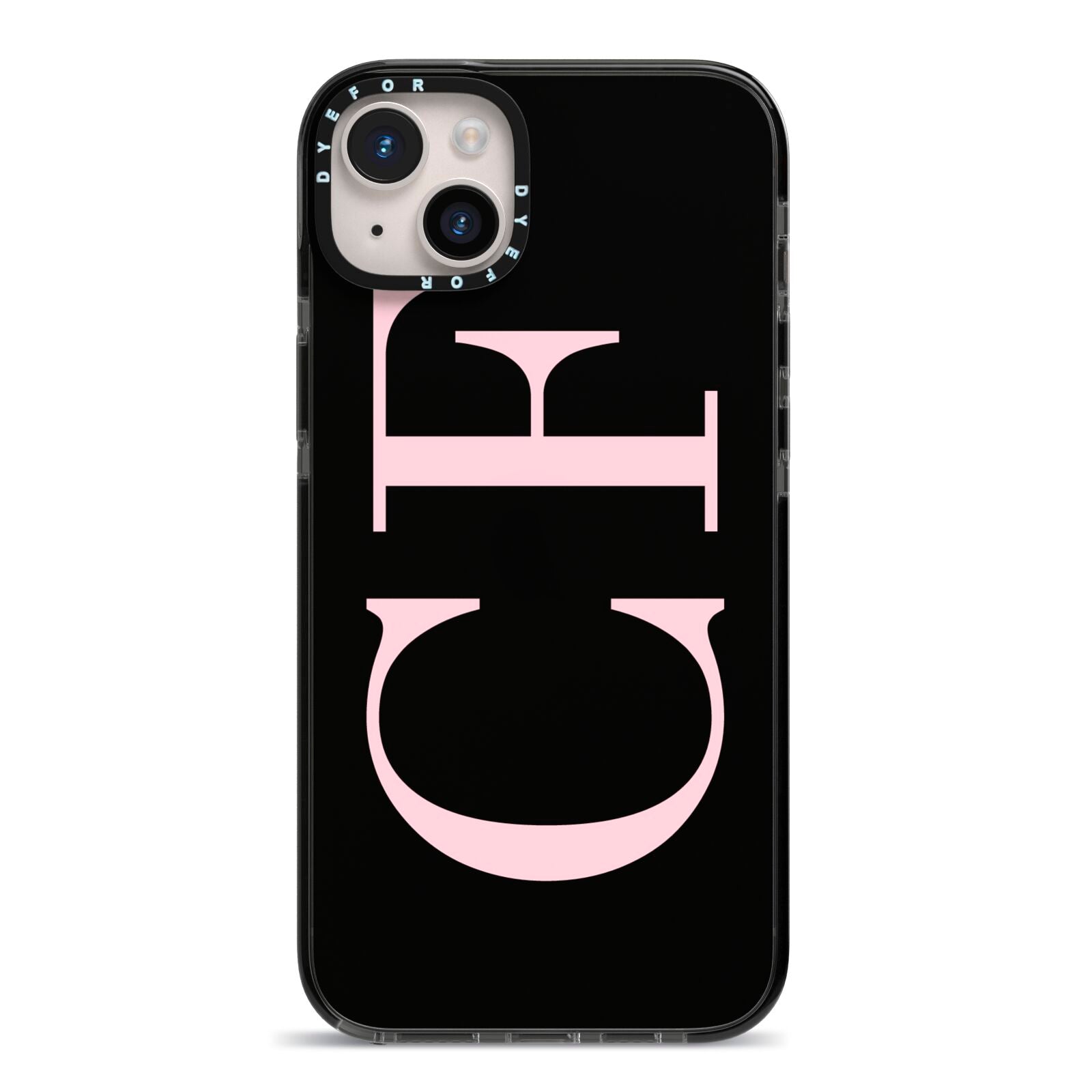 Black with Large Pink Initials Personalised iPhone 14 Plus Black Impact Case on Silver phone