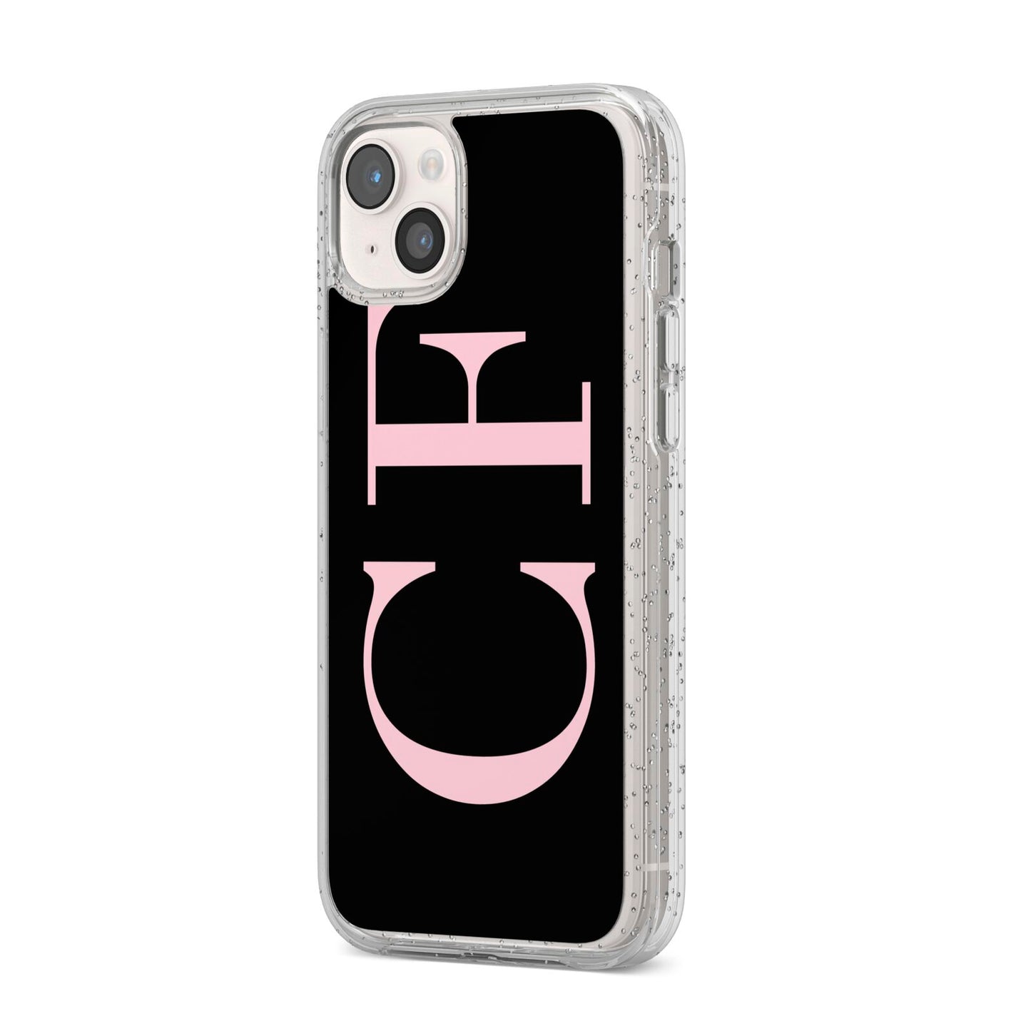 Black with Large Pink Initials Personalised iPhone 14 Plus Glitter Tough Case Starlight Angled Image
