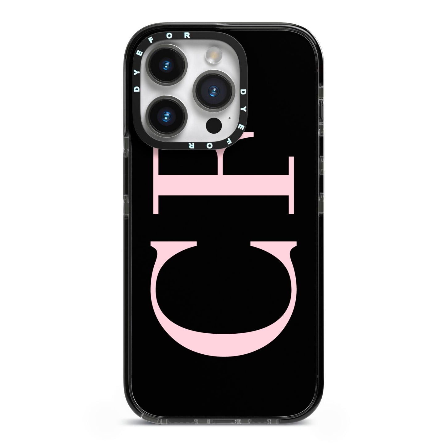 Black with Large Pink Initials Personalised iPhone 14 Pro Black Impact Case on Silver phone