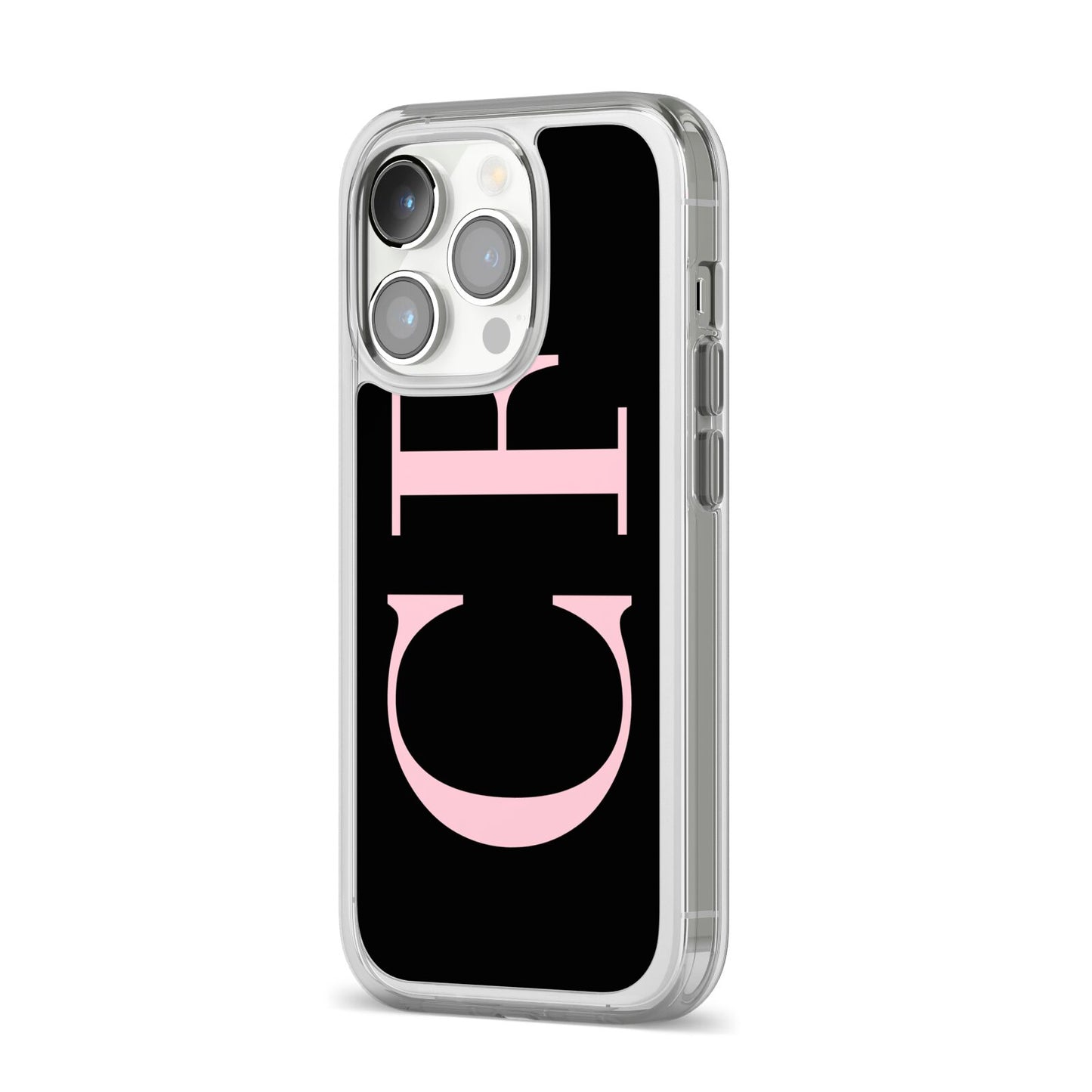Black with Large Pink Initials Personalised iPhone 14 Pro Clear Tough Case Silver Angled Image