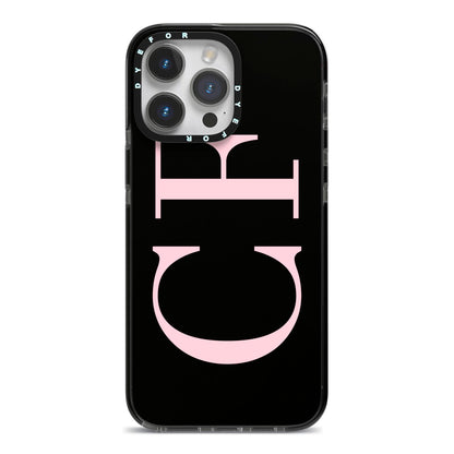Black with Large Pink Initials Personalised iPhone 14 Pro Max Black Impact Case on Silver phone
