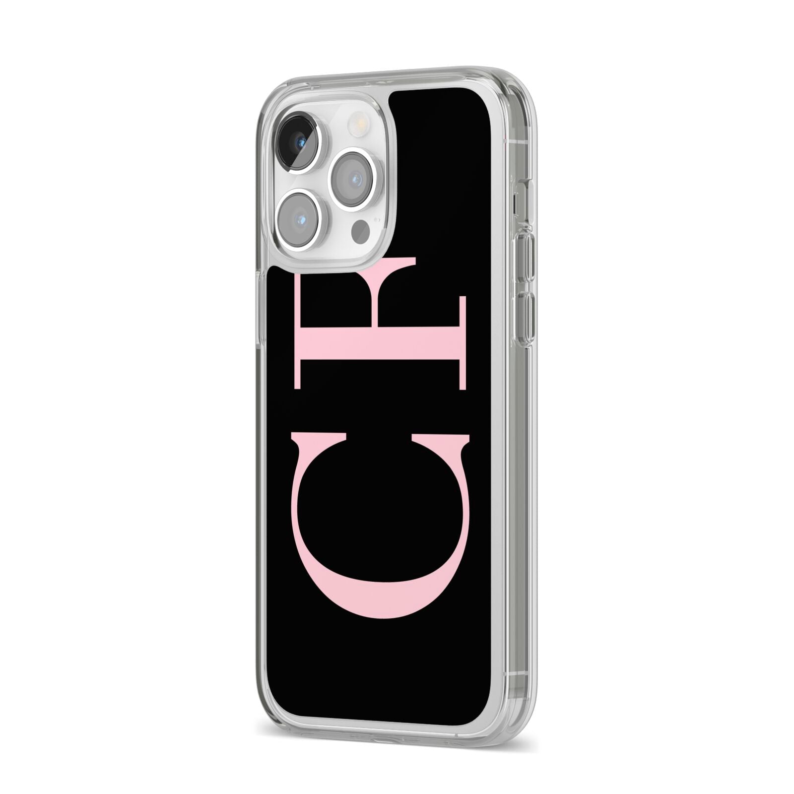 Black with Large Pink Initials Personalised iPhone 14 Pro Max Clear Tough Case Silver Angled Image