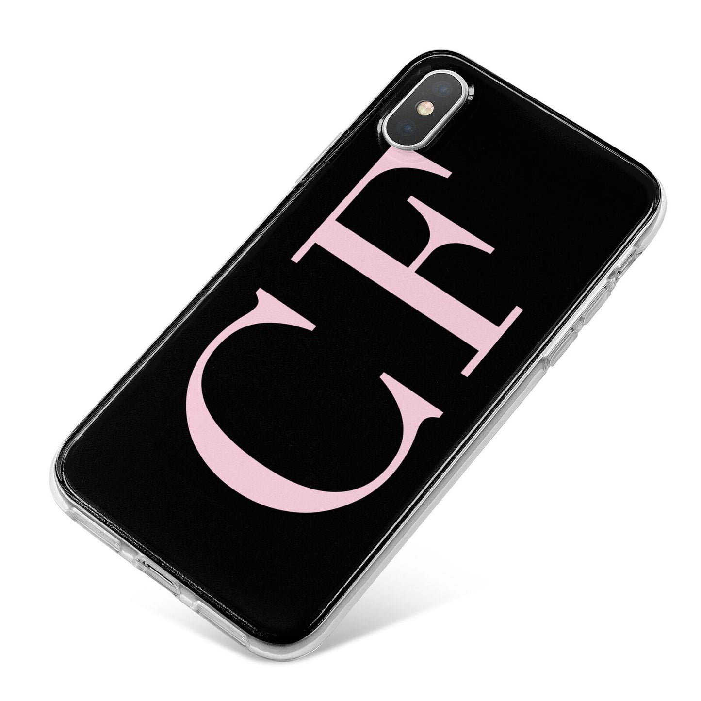 Black with Large Pink Initials Personalised iPhone X Bumper Case on Silver iPhone