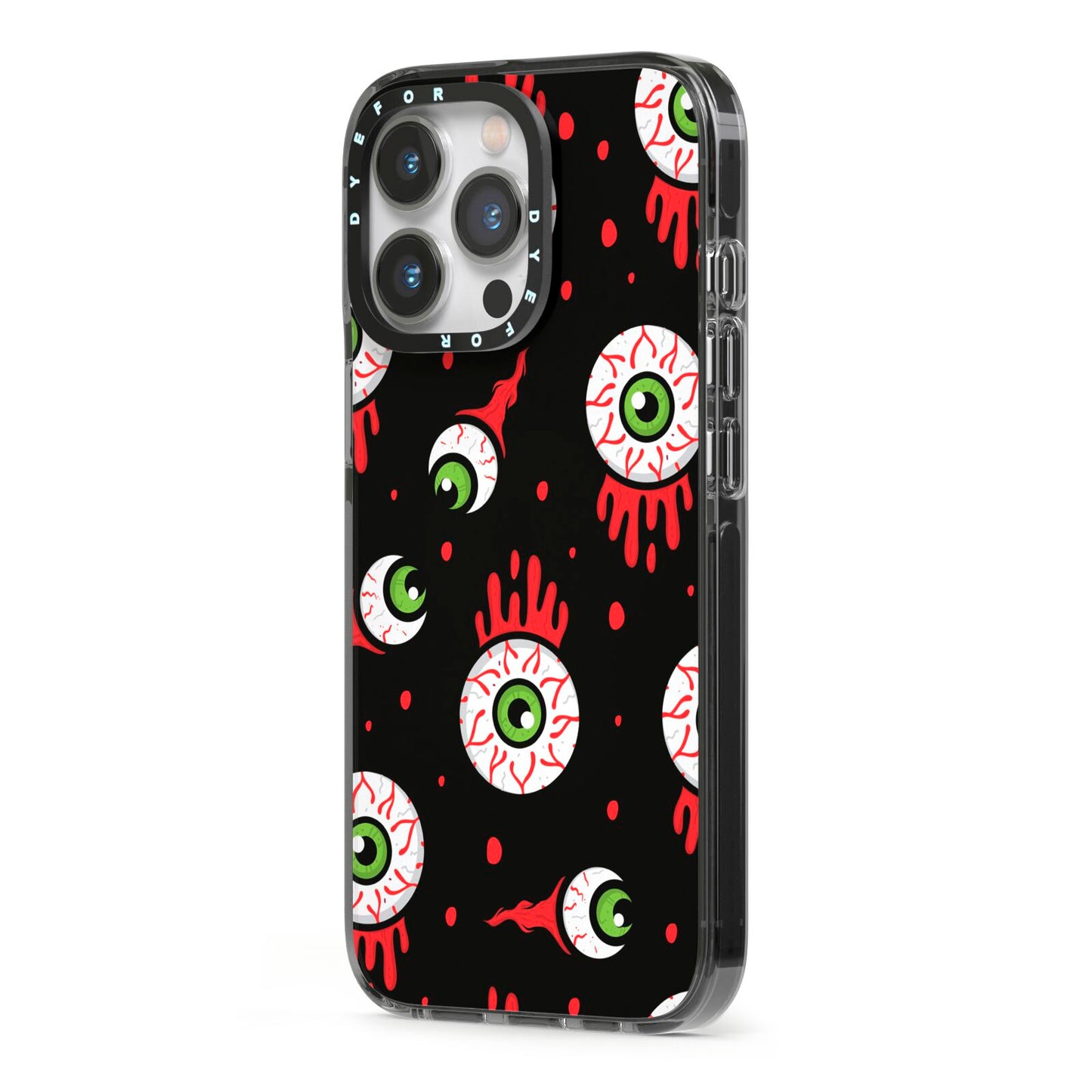 Bleeding Eyeballs iPhone 13 Pro Black Impact Case Side Angle on Silver phone