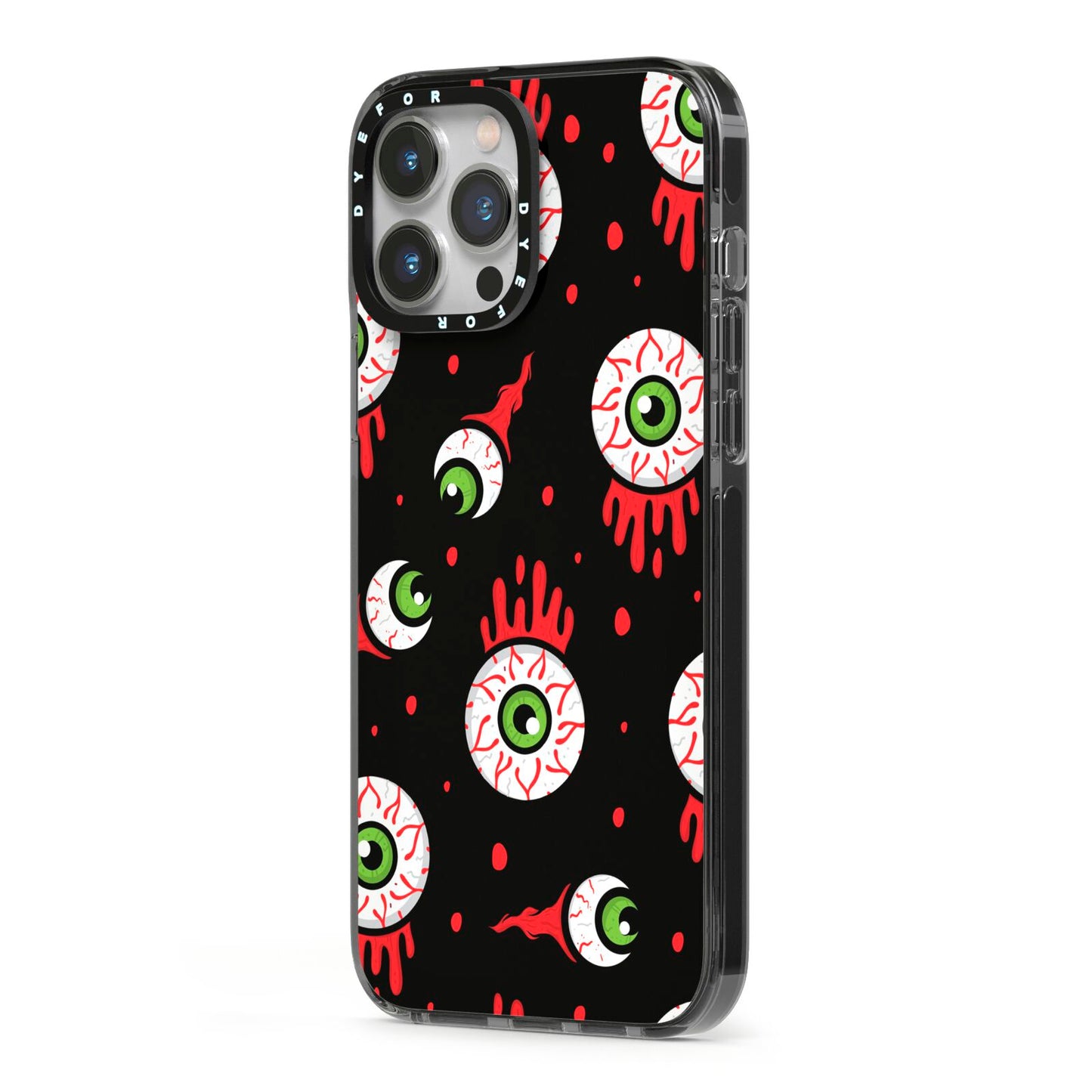 Bleeding Eyeballs iPhone 13 Pro Max Black Impact Case Side Angle on Silver phone