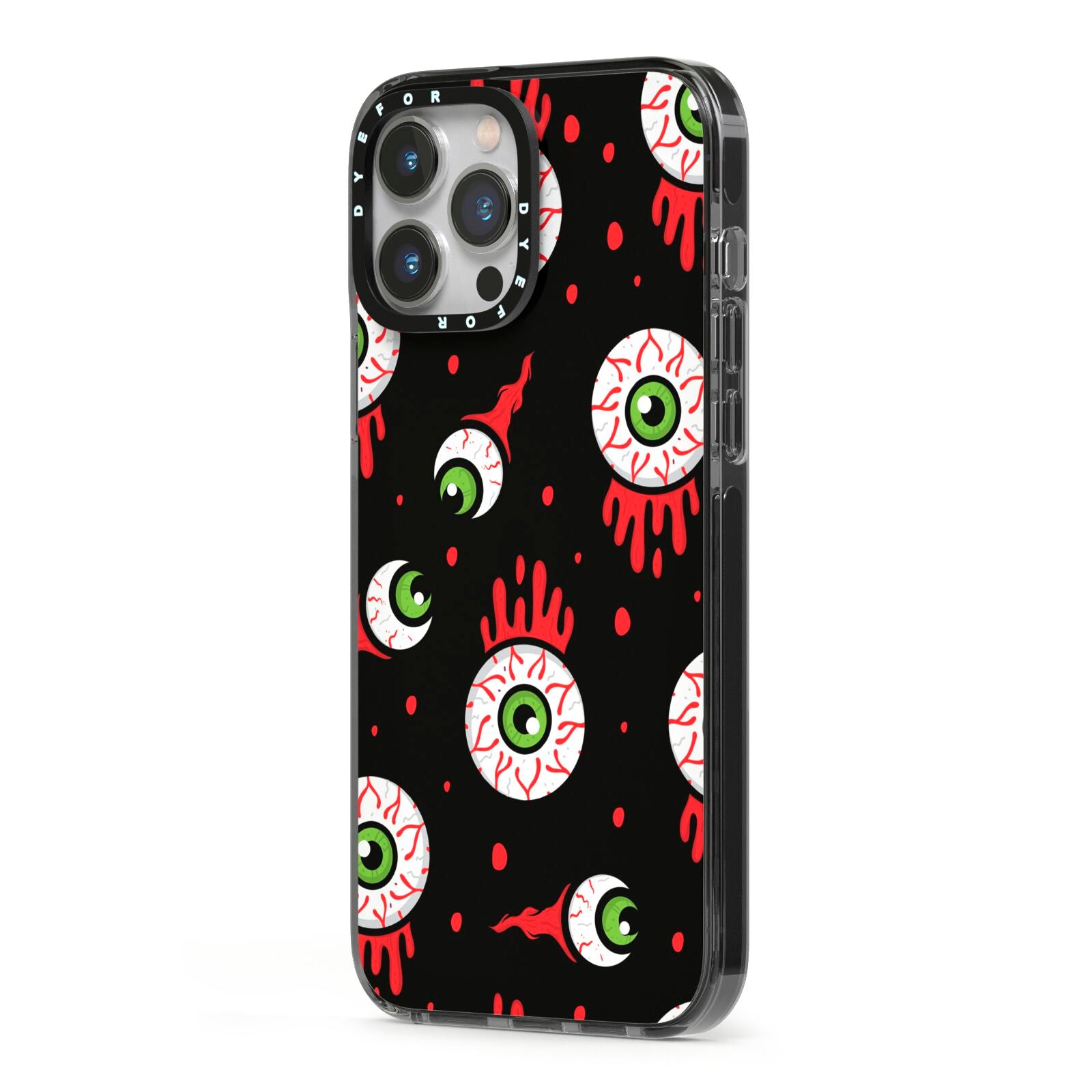 Bleeding Eyeballs iPhone 13 Pro Max Black Impact Case Side Angle on Silver phone