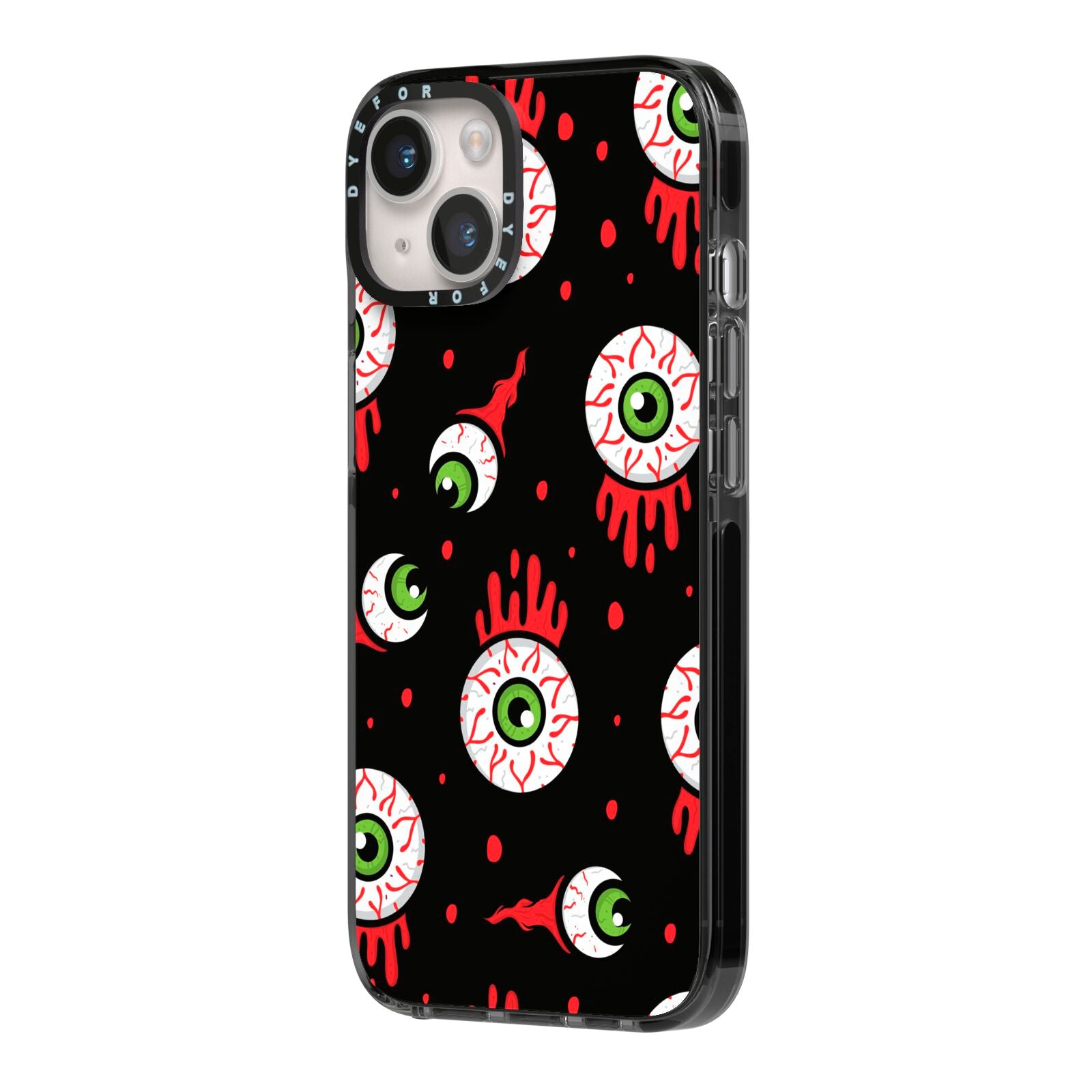 Bleeding Eyeballs iPhone 14 Black Impact Case Side Angle on Silver phone
