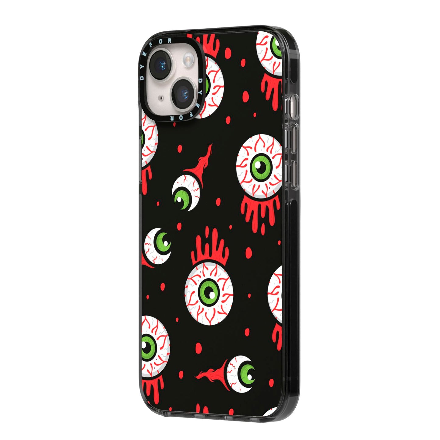 Bleeding Eyeballs iPhone 14 Plus Black Impact Case Side Angle on Silver phone