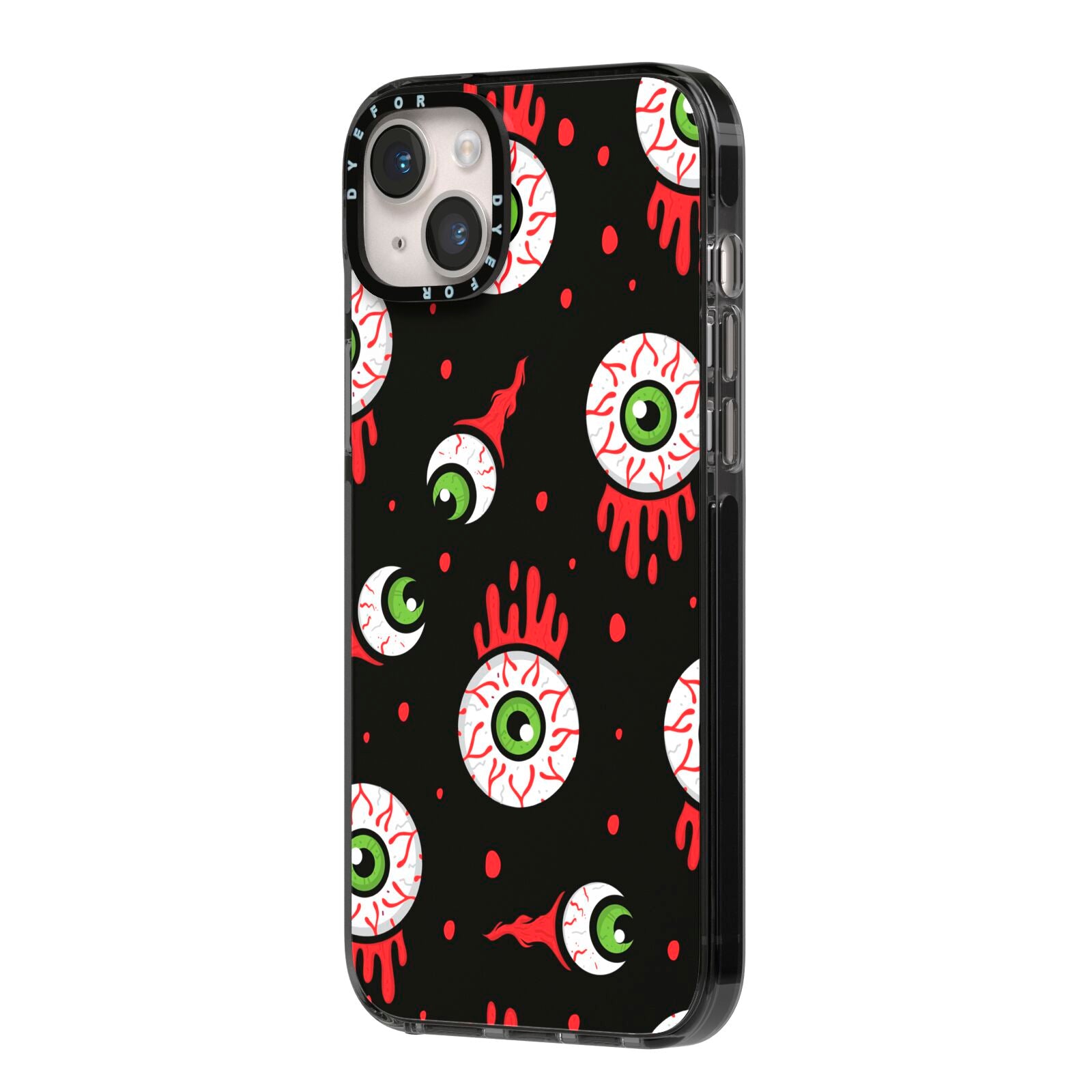 Bleeding Eyeballs iPhone 14 Plus Black Impact Case Side Angle on Silver phone