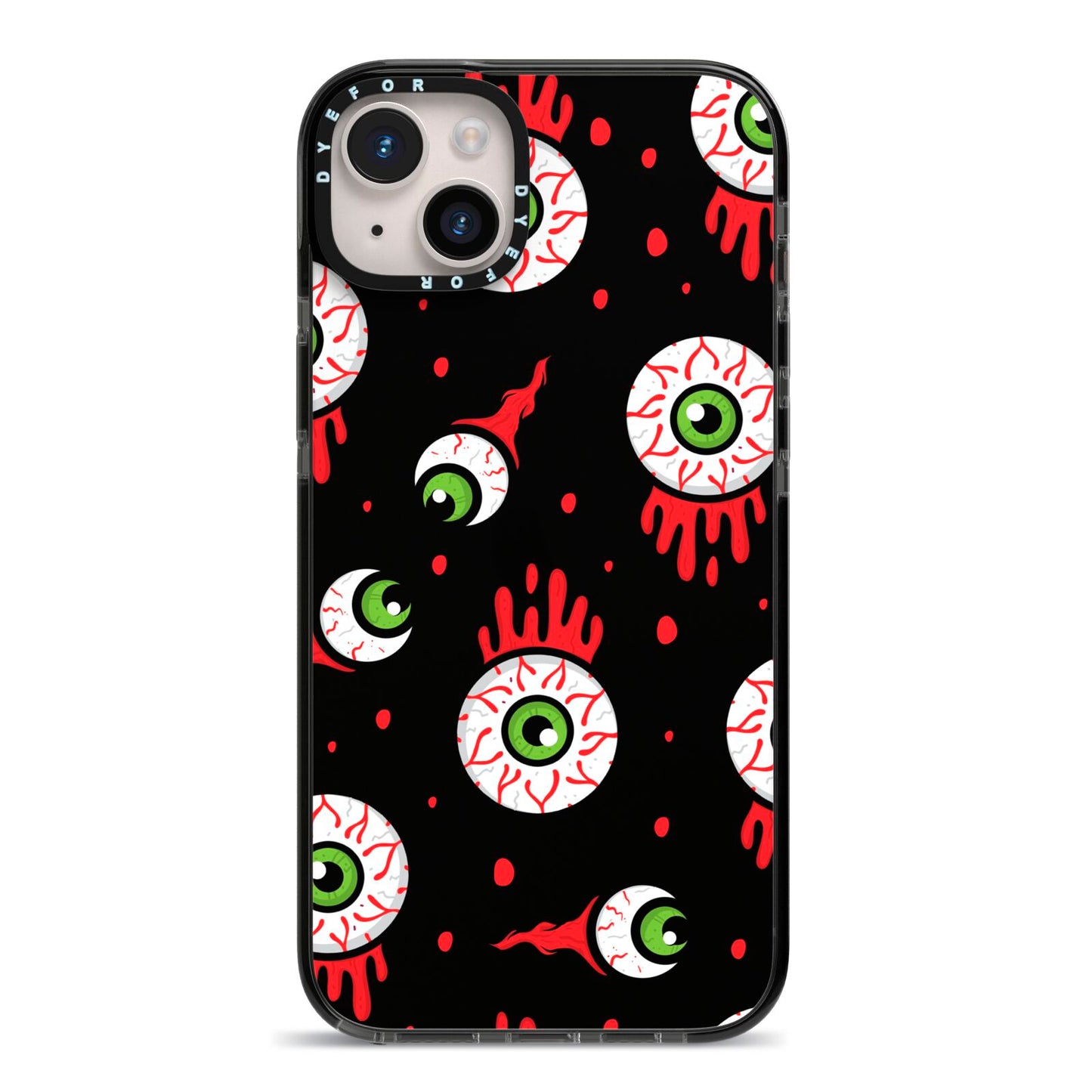 Bleeding Eyeballs iPhone 14 Plus Black Impact Case on Silver phone