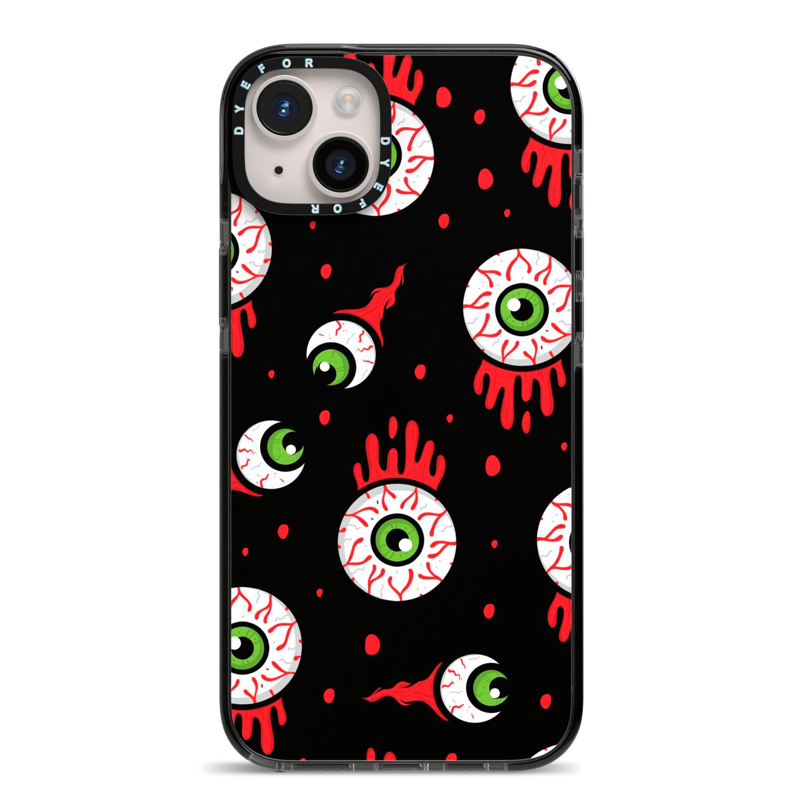 Bleeding Eyeballs iPhone 14 Plus Black Impact Case on Silver phone