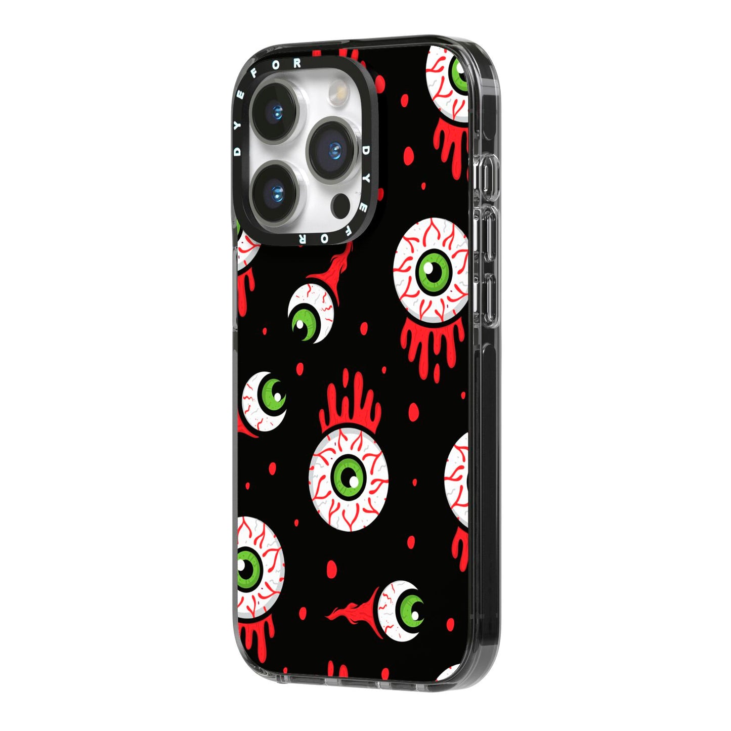 Bleeding Eyeballs iPhone 14 Pro Black Impact Case Side Angle on Silver phone