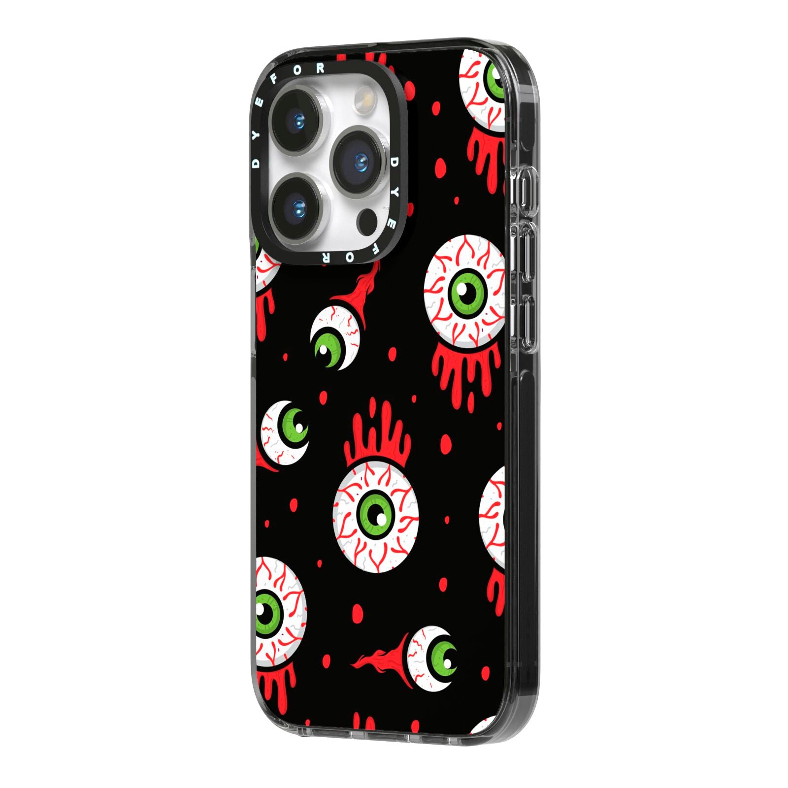 Bleeding Eyeballs iPhone 14 Pro Black Impact Case Side Angle on Silver phone
