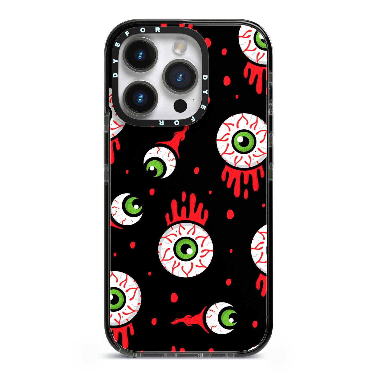 Bleeding Eyeballs iPhone 14 Pro Black Impact Case on Silver phone