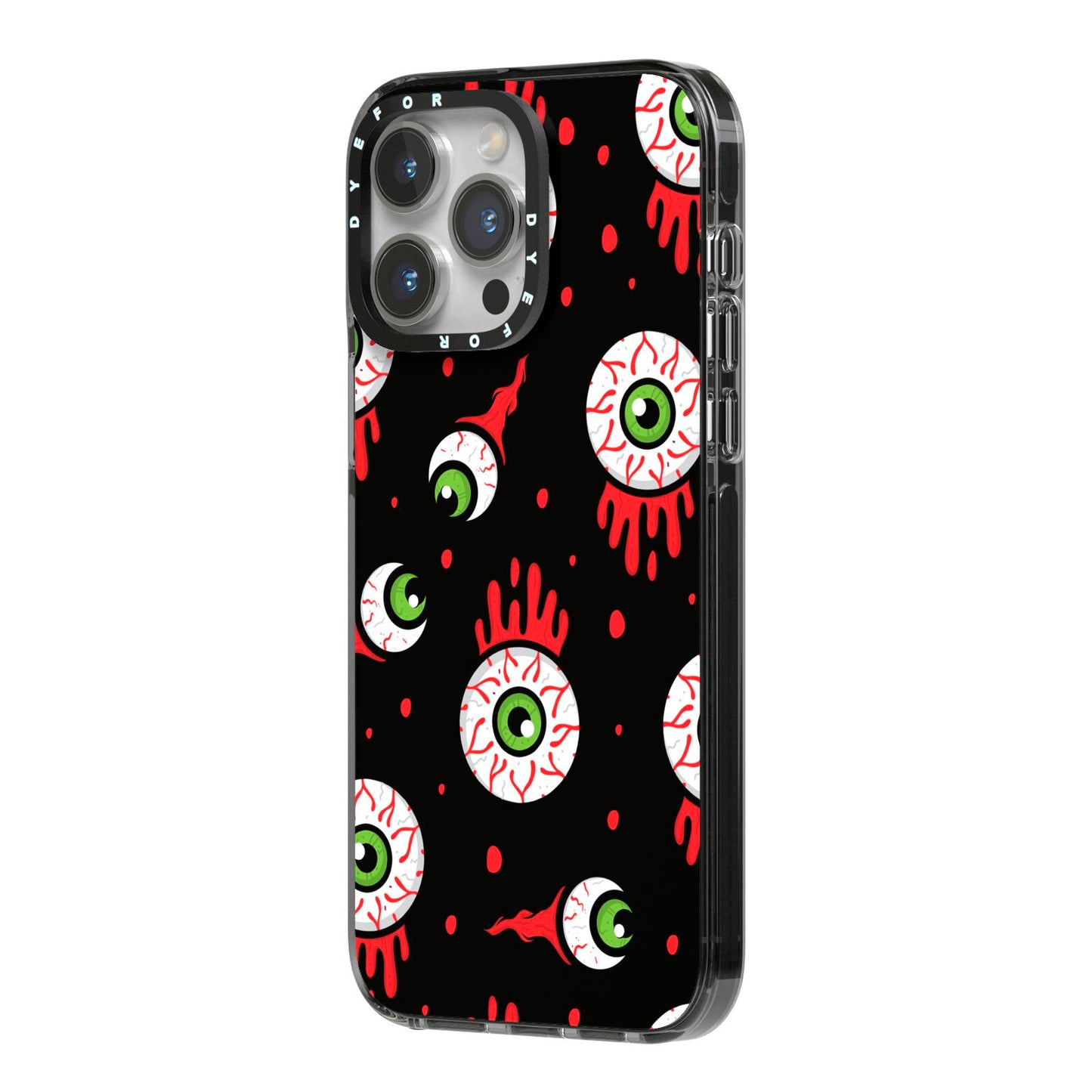 Bleeding Eyeballs iPhone 14 Pro Max Black Impact Case Side Angle on Silver phone