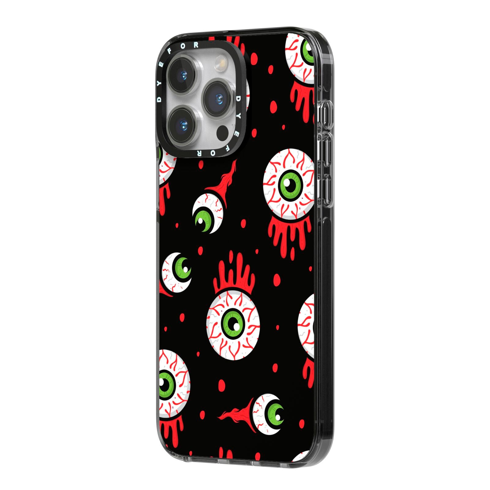 Bleeding Eyeballs iPhone 14 Pro Max Black Impact Case Side Angle on Silver phone